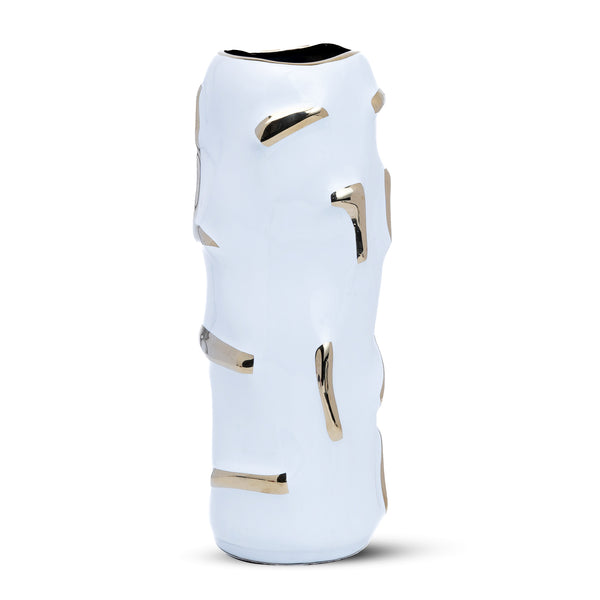 White Ceramic Vase, Golden Accent, Fresh or Faux Flowers, 12" Table Decor