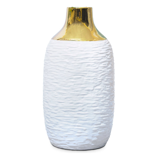 White Ceramic Vase, Golden Rim, 12" Abstract Tabletop Decor