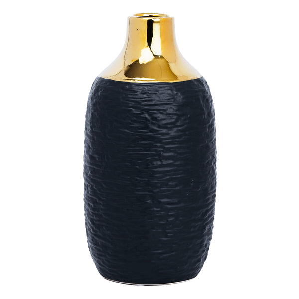 Black Ceramic Minimalist Vase With Golden Rim, 12" Modern Flower Vase