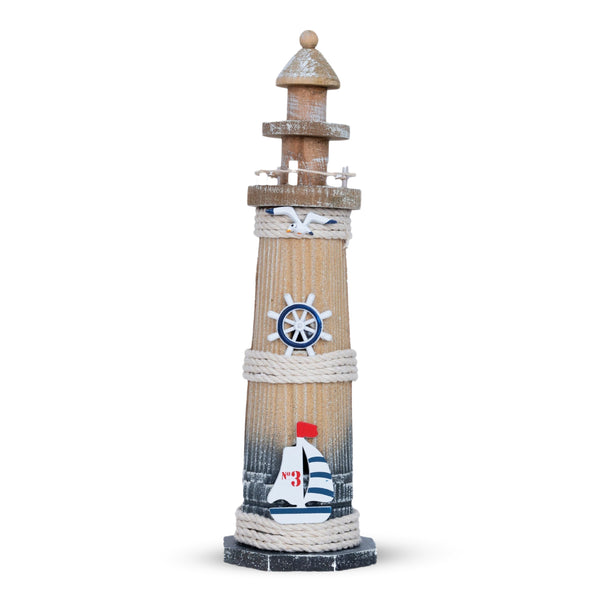 Rustic Brown Wood Miniature Lighthouse Model, 13" Nautical Figurine, Decorative Statue, Table, Desktop, Shelf Decor