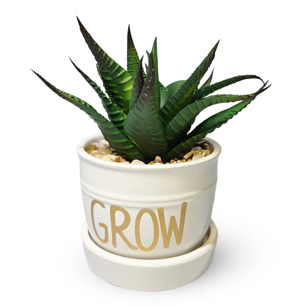 Fake Haworthia Succulent in White Ceramic Planter 5" Tabletop Centerpiece by Sona Casa