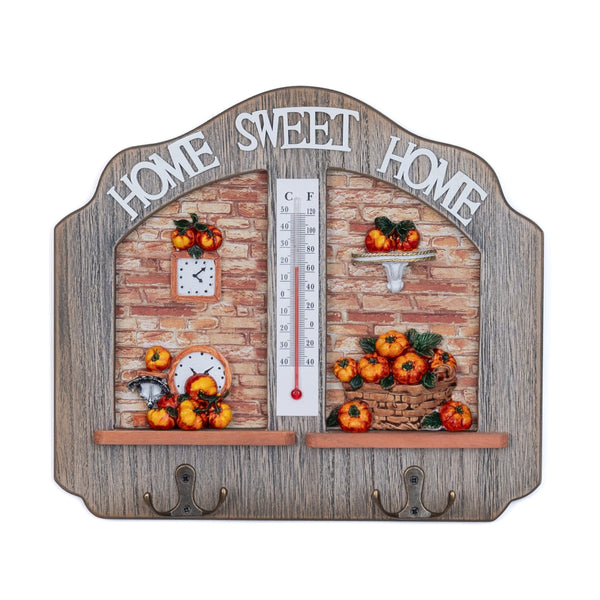 Wooden Entryway Key Holder Rack Hanger with Thermometer, 2 Double Hooks Home Office Organizer, Gifts