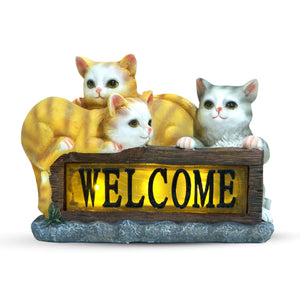 Cute Solar Cat Garden Statue With Welcome Sign, 8" Outdoor Lawn Patio Front Porch Decor, Housewarming Gift by Sona Casa