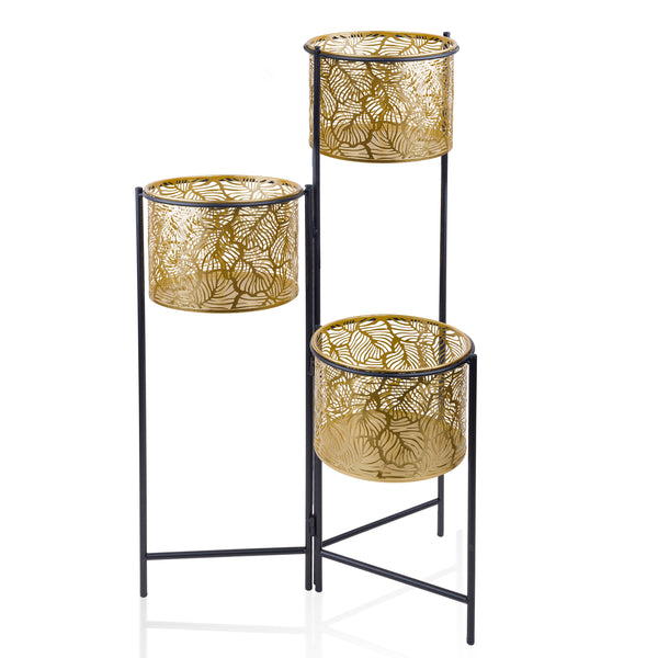 Indoor Metal Planters, 32" Golden Living Room Patio Decor, 3-Tier Rustic Farmhouse Plant Pots with Stand