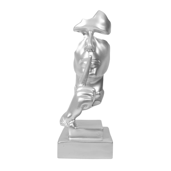 Silver Silence is Golden Thinker Statue, Abstract Silence Face, Polyresin Artwork for Living Room 12 inch 31 cm | Home Decor