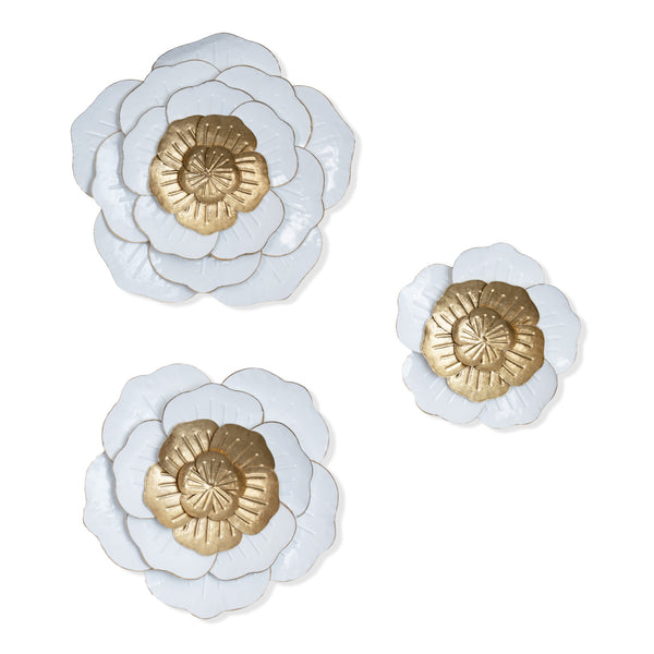 Trio Elegant Home Decorations, 3 Set 22" Metal Flower Wall Art, Floral White Gold Modern Home Office Decor