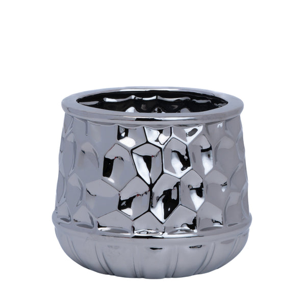 Silver Chrome Ceramic Vase, 5" Geometrical Textured Bud Vase for Fake or Fresh Flowers, Home Decor Accent