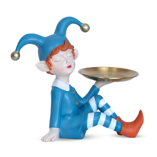 Blue 11" Elf Statue Organizer, Golden Decorative Metal Tray for Table, Desk, Shelf, Figurines for Home Office,Unique Gifts by Sona Casa