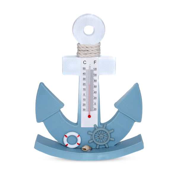 Wooden Anchor Desk Statue with Temperature Gauge, 8" Decorative Nautical Decor, Beach Themed Home Decor, Gifts