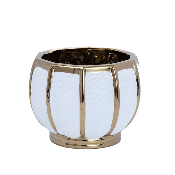 White Ceramic Bowl, Textured Bowl with Golden Stripes, Tabletop Decor Bowl, Fresh Flower Vase for Kitchen Countertop, Dining Table, Bathroom, Entryway, Corridor