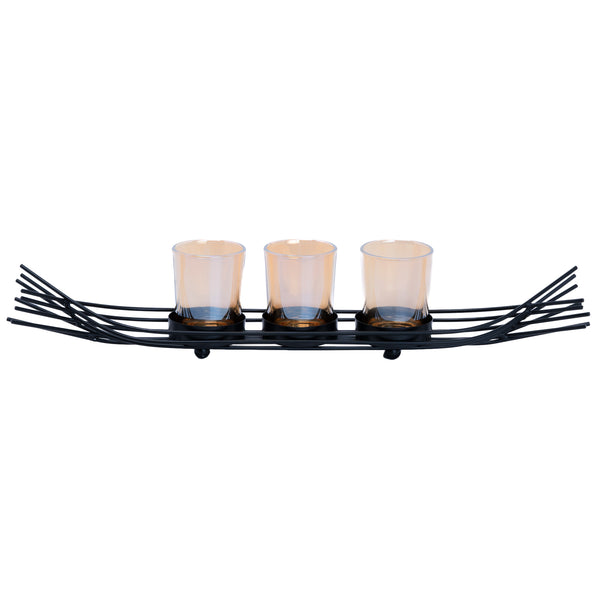Black Metal Decorative Tealight Candle Holder, 15" Wide, 3 Glass Containers, Modern Abstract Design, Unique Gifts