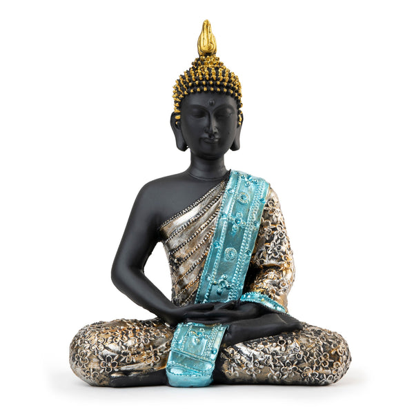 Small Meditating Buddha Statue, Black Gold Figurine, 11" Living Room Desk Sculpture, Shelf Decor, Spiritual Gifts, Collectibles by Sona Casa