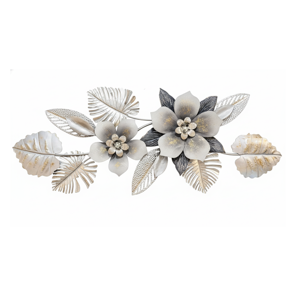 Large Metal Flower Wall Art, 3D Floral Wall Sculpture, Modern Botanical Decor with Silver & Gray Leaves, Textured Metal Wall Decor for Living Room, Bedroom, or Entryway-Sona Casa