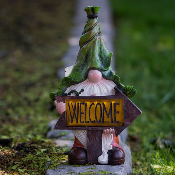 Green Leaf Hat Gnome Solar LED Light Statue, Funny Polyresin Garden Decor for Outdoor Spaces by Sona Casa