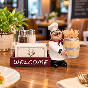Chef countertop holder displaying business cards and toothpicks in a barrel-shaped cup
