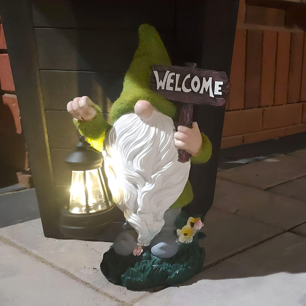 Welcome Gnome with Solar Powered Garden Lamp, Green White, Polyresin Lawn Gnome Statue, Patio Statue 13 inch 33 cm by Sona Casa