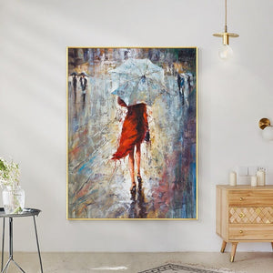 Woman in Red Dress Painting - Abstract Female Portrait Oil on Canvas, Chic Living Room Decor, Artistic New Homeowners Gift by Sona Casa