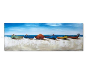 Sail Beyond' Original Oil Painting with Colorful Boats, Blue Seaside - Textured Coastal Artwork Living Room Decor, Housewarming Gift by Sona Casa