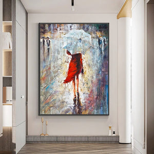 Woman in Red Dress Painting - Abstract Female Portrait Oil on Canvas, Chic Living Room Decor, Artistic New Homeowners Gift by Sona Casa