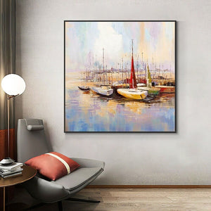 Colorful Marina Boat Painting Wall Art, Abstract Wall Art for Living Room, Painting on Canvas, Hand Painted Oil Painting for Home Decor by Sona Casa