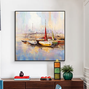 Colorful Marina Boat Painting Wall Art, Abstract Wall Art for Living Room, Painting on Canvas, Hand Painted Oil Painting for Home Decor by Sona Casa