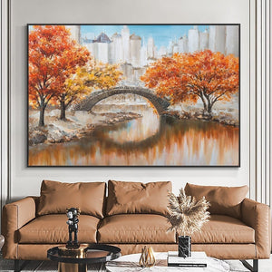 Bridging Testimony Of Time, Landscape Painting, Autumn Painting, Wall Art for Living Room, Trees Painting, Urban Painting, Nature Painting by Sona Casa