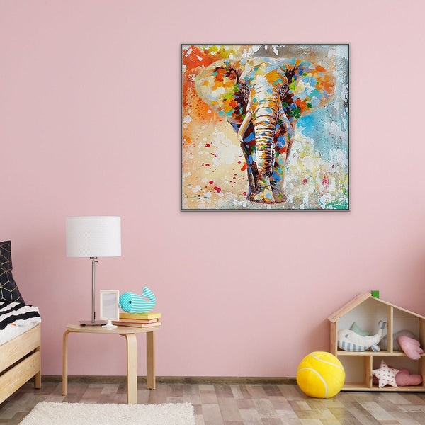 Elephant Painting Handmade - Colorful Wall Art on Canvas for Nursery, Whimsical Animal Decor Gift by Sona Casa