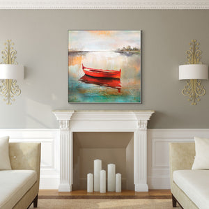Boat Art - Handmade Abstract Lake Scene, Textured Canvas Painting for Modern Living Space or Office Wall Decor by Sona Casa