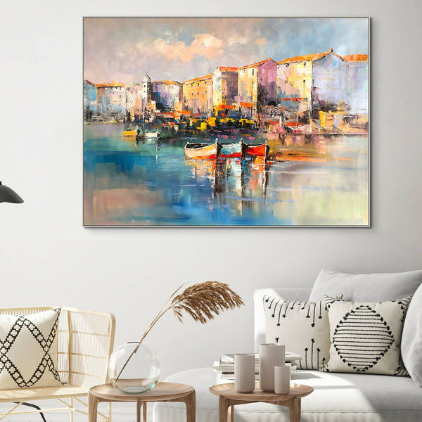 Portofino Italy Oil Painting on Canvas - Vivid Italian Landscape Wall Art for Home Decor, Original Portofino Marina Scene by Sona Casa
