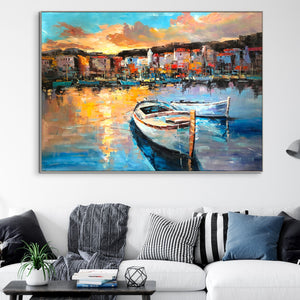 Italy Landscape Art - Colorful Portofino Harbour Scene, Handcrafted Wall Painting on Canvas, Art Lover Gift by Sona Casa