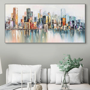 Abstract New York Painting - Handmade Large Canvas Art, Urban Cityscape Oil Painting for Modern Wall Decor, Unique Housewarming Gift by Sona Casa