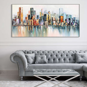 Abstract New York Painting - Handmade Large Canvas Art, Urban Cityscape Oil Painting for Modern Wall Decor, Unique Housewarming Gift by Sona Casa