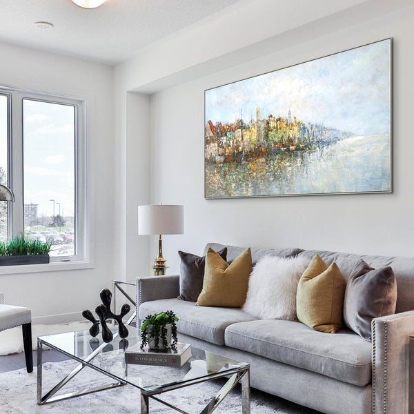 Lake Painting Cityscape Canvas Art, Abstract City Landscape on Framed Canvas, Contemporary Wall Art, Unique Housewarming Gift by Sona Casa