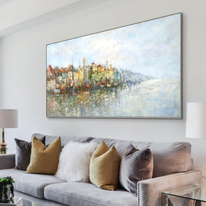 Lake Painting Cityscape Canvas Art, Abstract City Landscape on Framed Canvas, Contemporary Wall Art, Unique Housewarming Gift by Sona Casa
