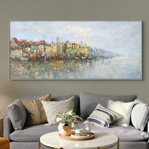 Lake Painting Cityscape Canvas Art, Abstract City Landscape on Framed Canvas, Contemporary Wall Art, Unique Housewarming Gift by Sona Casa