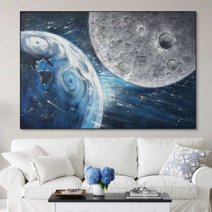 Earth and Moon Painting - Large Textured Canvas Wall Art, Celestial Space Decor for Home and Office, Unique Astronomy Gift by Sona Casa