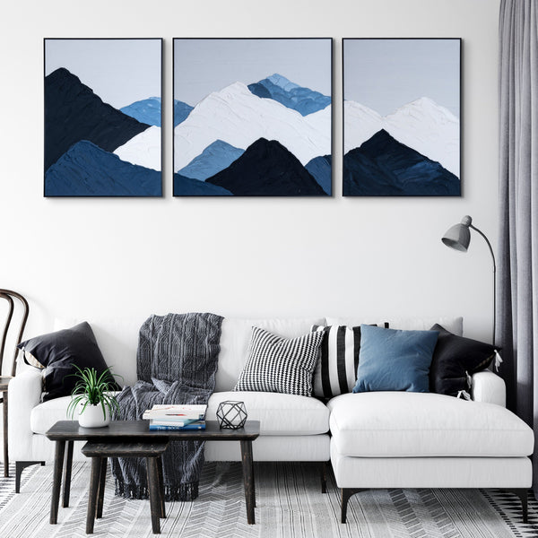 Extra Large Snow Mountain Peaks 3 Pc Canvas - Realistic Thick-Textured Painting, Blue & White Scenic Art for Living Spaces by Accent Collection
