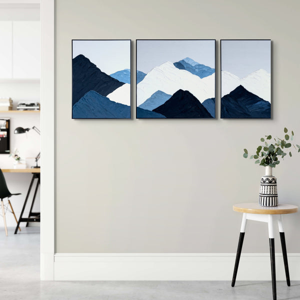 Extra Large Snow Mountain Peaks 3 Pc Canvas - Realistic Thick-Textured Painting, Blue & White Scenic Art for Living Spaces by Accent Collection