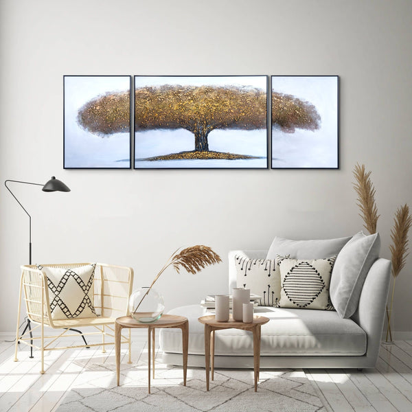 Golden Tree Of Life Trio, 79" Large Textured Impasto Canvas Art Home Decor by Sona Casa