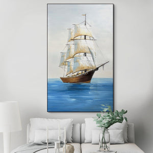 Original Boat Art Vertical Canvas, Textured Nautical Wall Painting for Bedroom, Handmade Coastal Art by Sona Casa