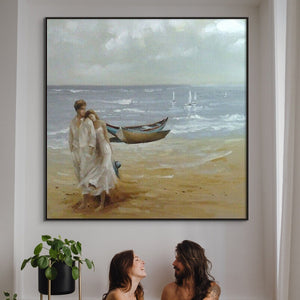 Romantic Couple on Beach, Painting on Canvas, Textured Wall Art, Original Hand Painted Oil Painting on Canvas for Living Room, Bedroom Art by Sona Casa
