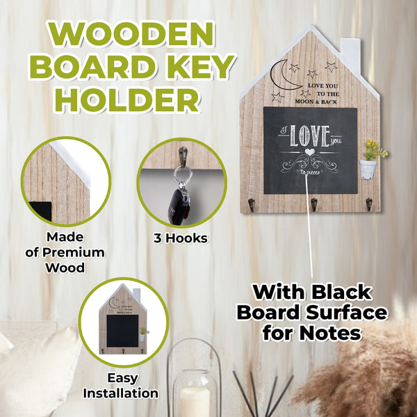 Rustic Brown Black Wooden Key Rack, 17" Wall Mount Entryway 3-Hook Organizer with Chalkboard by Sona Casa