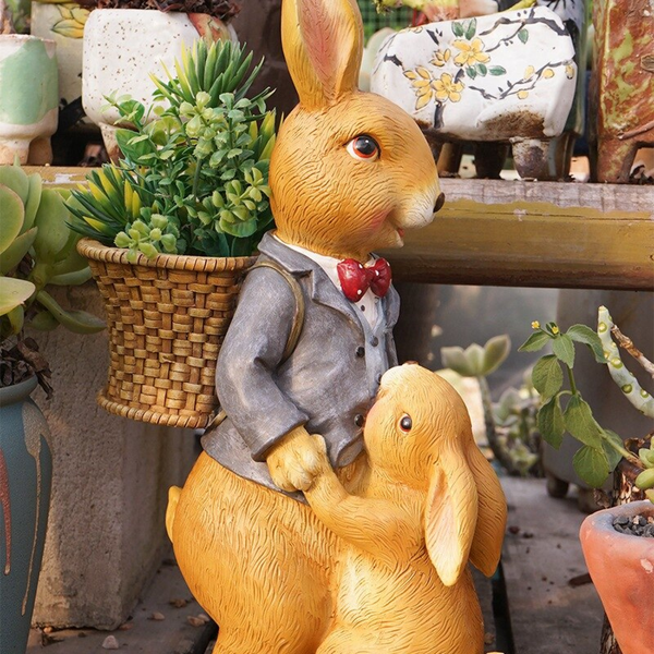 Bunny Family Statue, 15" Outdoor Garden Sculpture, Lawn Patio Decor
