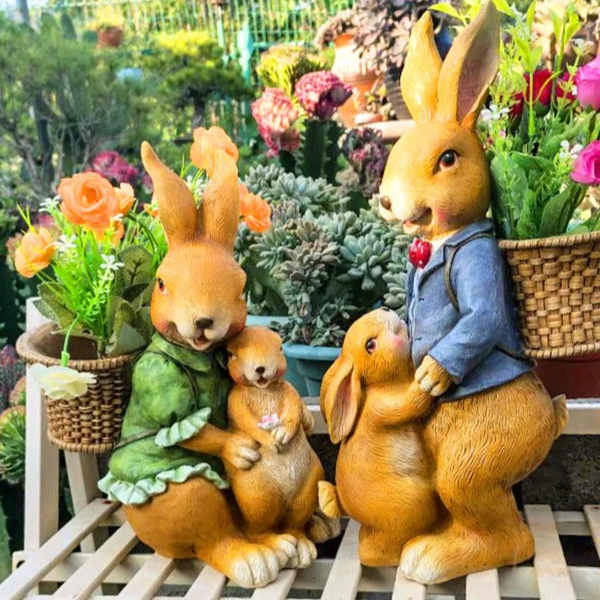 Bunny Family Statue, 15" Outdoor Garden Sculpture, Lawn Patio Decor