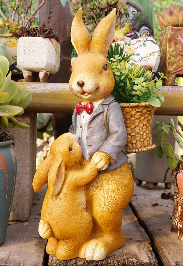 Bunny Family Statue, 15" Outdoor Garden Sculpture, Lawn Patio Decor