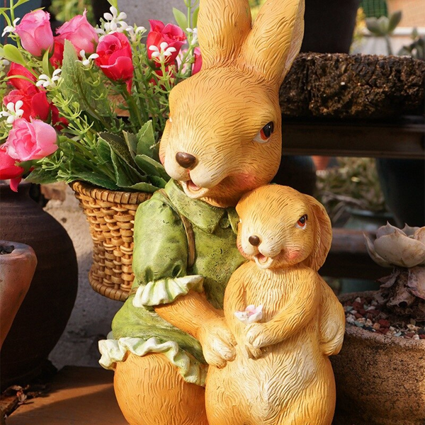Bunny Family Statue, 15" Outdoor Garden Sculpture, Lawn Patio Decor