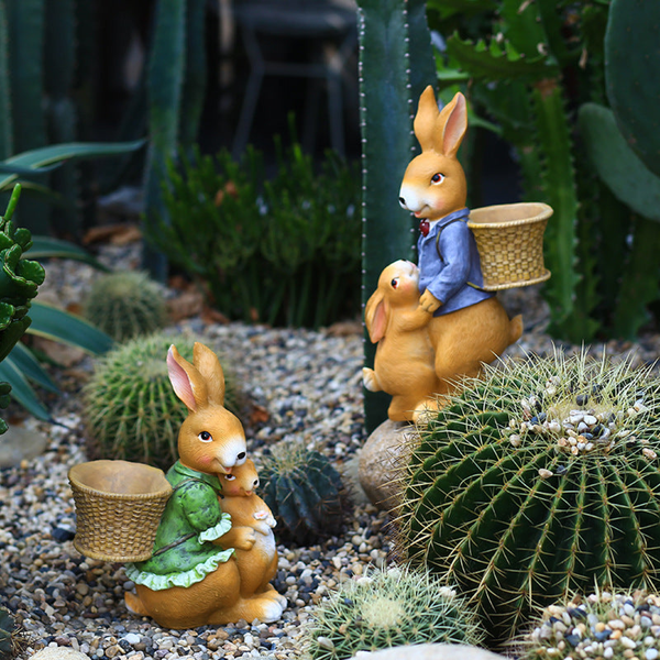 Bunny Family Statue, 15" Outdoor Garden Sculpture, Lawn Patio Decor