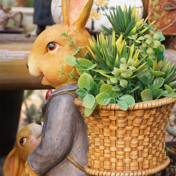 Bunny Family Statue, 15" Outdoor Garden Sculpture, Lawn Patio Decor