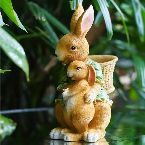 Bunny Family Statue, 15" Outdoor Garden Sculpture, Lawn Patio Decor