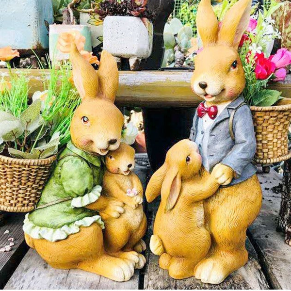 Bunny Family Statue, 15" Outdoor Garden Sculpture, Lawn Patio Decor